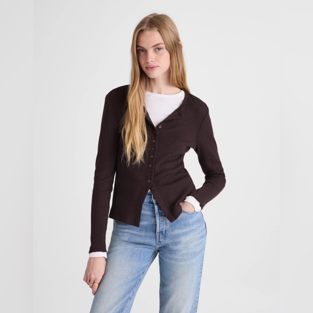 Madewell Waffle-Knit Cutaway Crewneck Cardigan Size Small Molasses